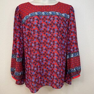 Loft Plus Womens Border Floral Bohemian Syle LS Button Cuff Red Blouse Sz. 24